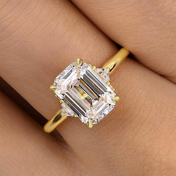 Louily Dainty Three Stone Yellow Gold Emerald Cut Engagement Ring