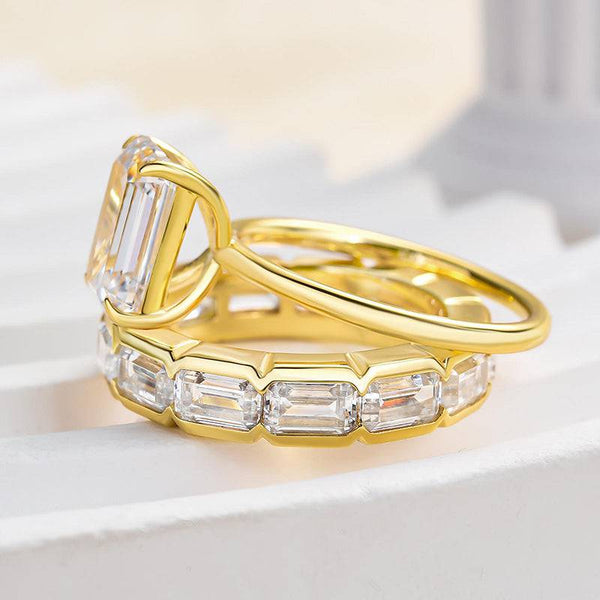 Louily Excellent Yellow Gold Emerald Cut Wedding Ring Set In Sterling Silver