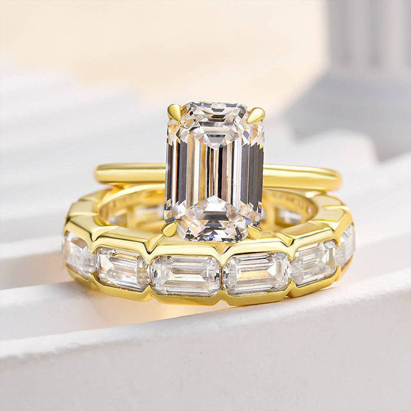 Louily Excellent Yellow Gold Emerald Cut Wedding Ring Set In Sterling Silver