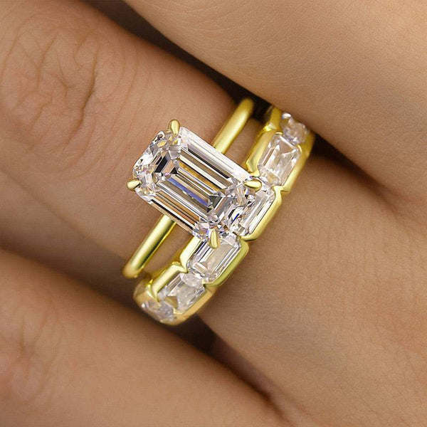 Louily Excellent Yellow Gold Emerald Cut Wedding Ring Set In Sterling Silver