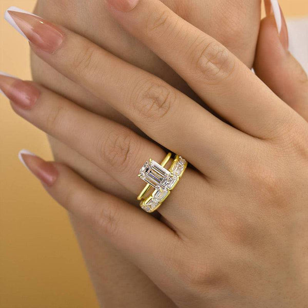 Louily Excellent Yellow Gold Emerald Cut Wedding Ring Set In Sterling Silver