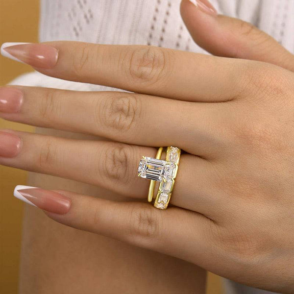 Louily Excellent Yellow Gold Emerald Cut Wedding Ring Set In Sterling Silver