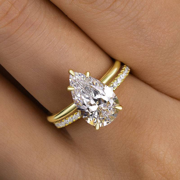 Louily Excellent Yellow Gold Pear Cut Wedding Ring Set In Sterling Silver