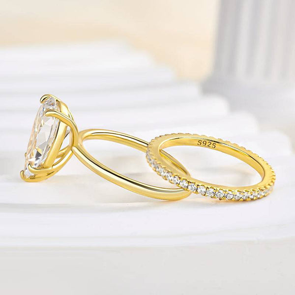 Louily Excellent Yellow Gold Pear Cut Wedding Ring Set In Sterling Silver