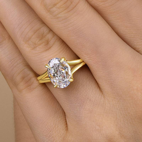 Louily Exclusive Split Shank Yellow Gold Oval Cut Engagement Ring In Sterling Silver