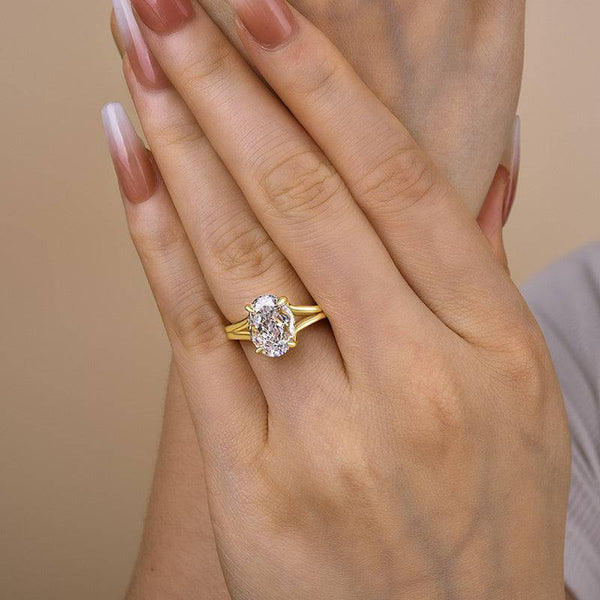 Louily Exclusive Split Shank Yellow Gold Oval Cut Engagement Ring In Sterling Silver