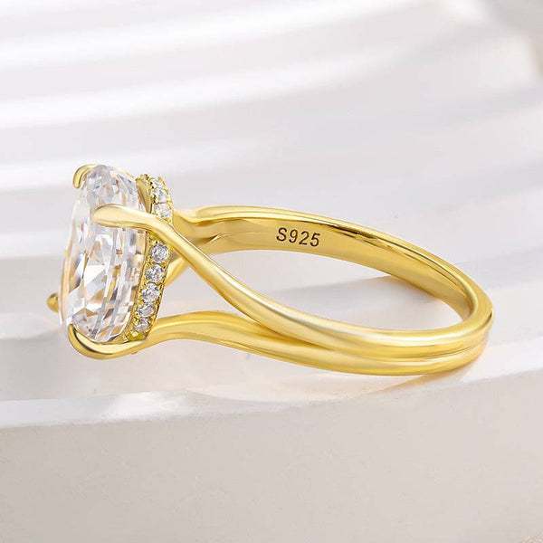 Louily Exclusive Split Shank Yellow Gold Oval Cut Engagement Ring In Sterling Silver