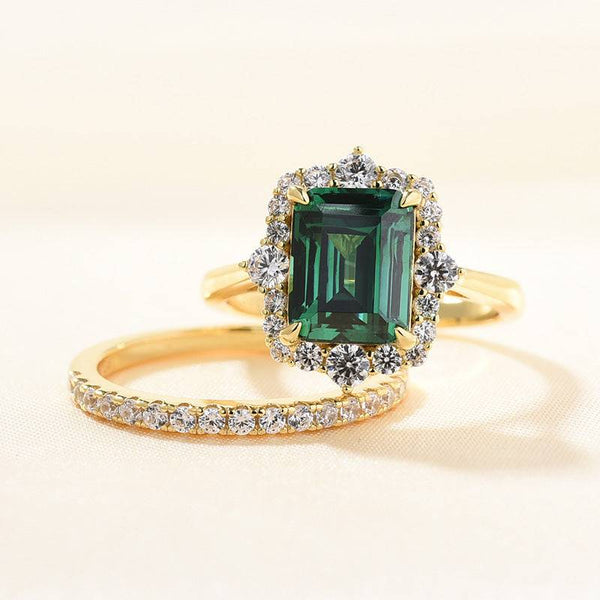 Louily Exclusive Yellow Gold Halo Emerald Cut Wedding Sets In Sterling Silver