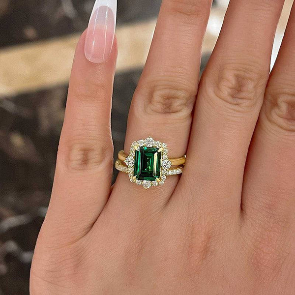 Louily Exclusive Yellow Gold Halo Emerald Cut Wedding Sets In Sterling Silver