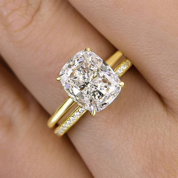 Louily Exquisite Yellow Gold Cushion Cut Bridal Ring Set In Sterling Silver