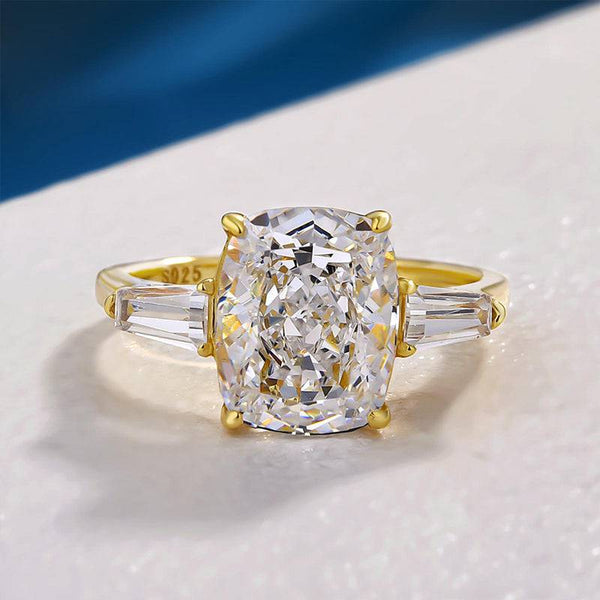 Louily Exquisite Yellow Gold Cushion Cut Three Stone Engagement Ring In Sterling Silver