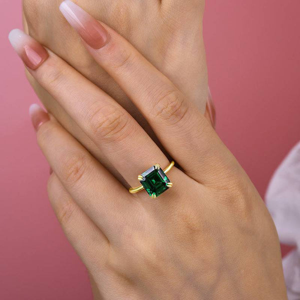 Louily Exquisite Yellow Gold Emerald Cut Engagement Ring In Sterling Silver