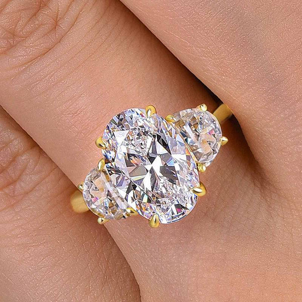 Louily Exquisite Yellow Gold Oval Cut Three Stone Engagement Ring In Sterling Silver