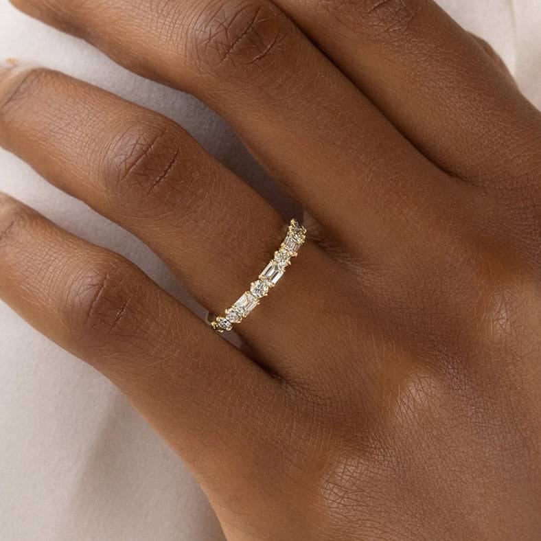 Louily Fashion Yellow Gold Half Emerald & Round Cut Diamond Wedding Band In Sterling Silver - louilyjewelry