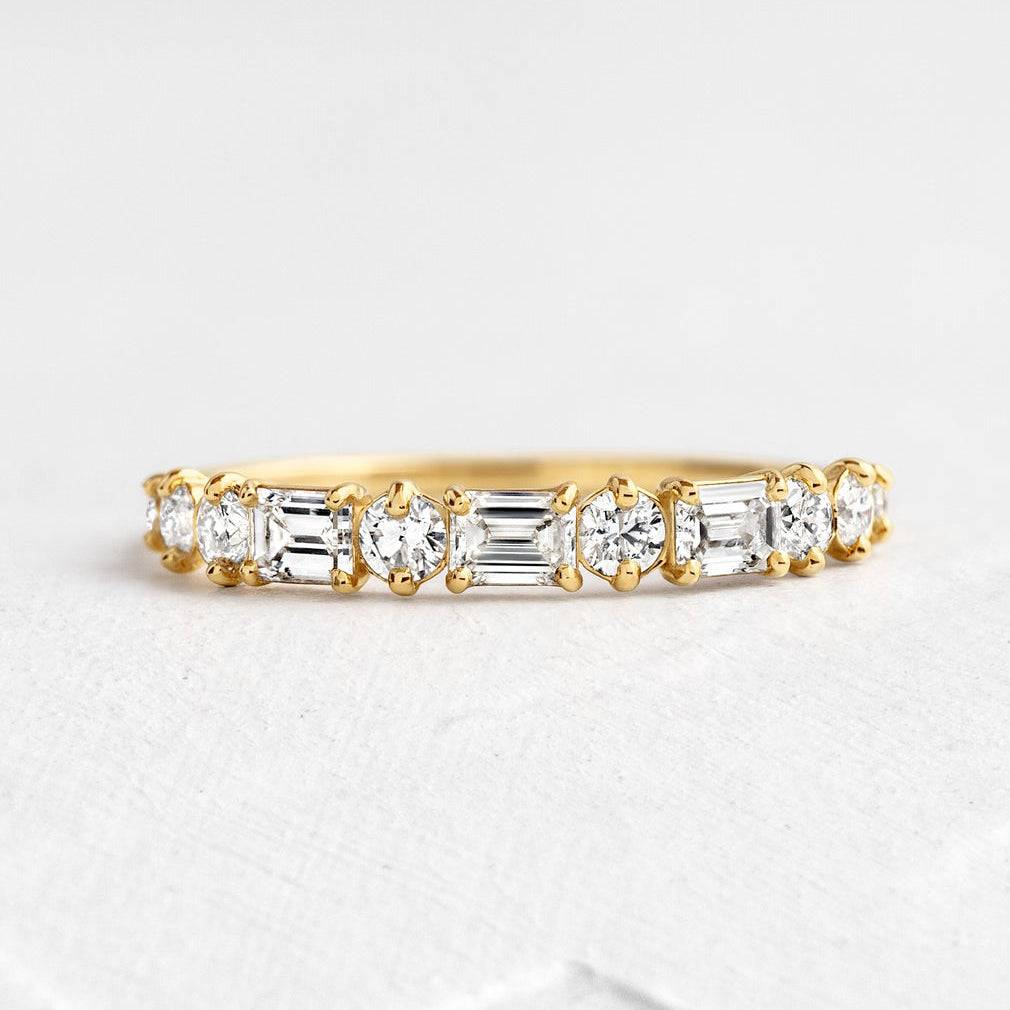 Louily Fashion Yellow Gold Half Emerald & Round Cut Diamond Wedding Band In Sterling Silver - louilyjewelry