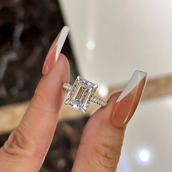 Louily Gorgeous Emerald Cut Engagement Ring For Women In Sterling Silver
