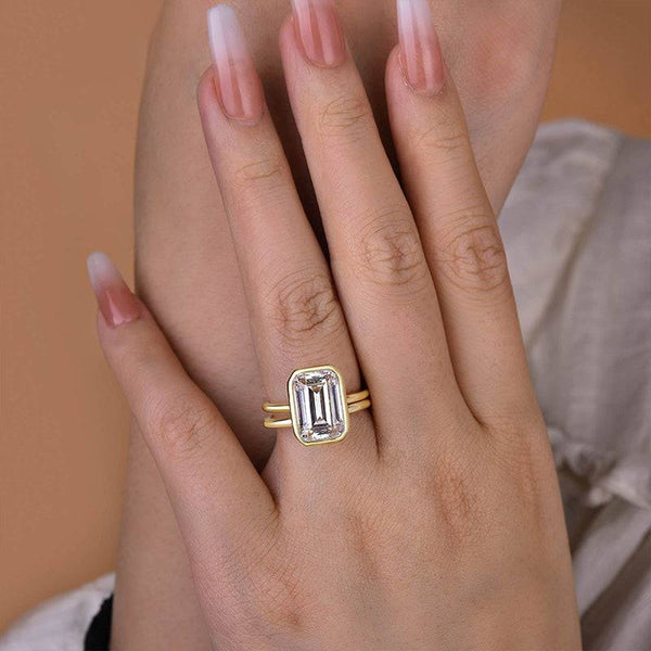 Louily Gorgeous Yellow Gold Emerald Cut Bezel Wedding Ring Set In Sterling Silver