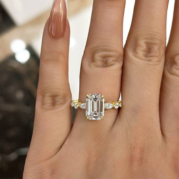 Louily Gorgeous Yellow Gold Emerald Cut Engagement Ring In Sterling Silver