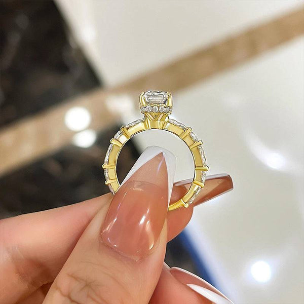 Louily Gorgeous Yellow Gold Emerald Cut Engagement Ring In Sterling Silver