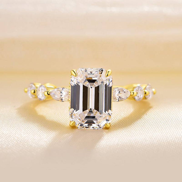 Louily Gorgeous Yellow Gold Emerald Cut Engagement Ring In Sterling Silver