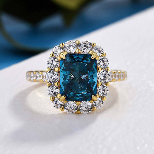 Louily Gorgeous Yellow Gold Halo Radiant Cut Montana Blue Sapphire Engagement Ring In Sterling Silver