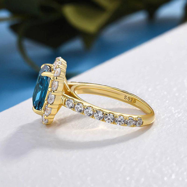 Louily Gorgeous Yellow Gold Halo Radiant Cut Montana Blue Sapphire Engagement Ring In Sterling Silver