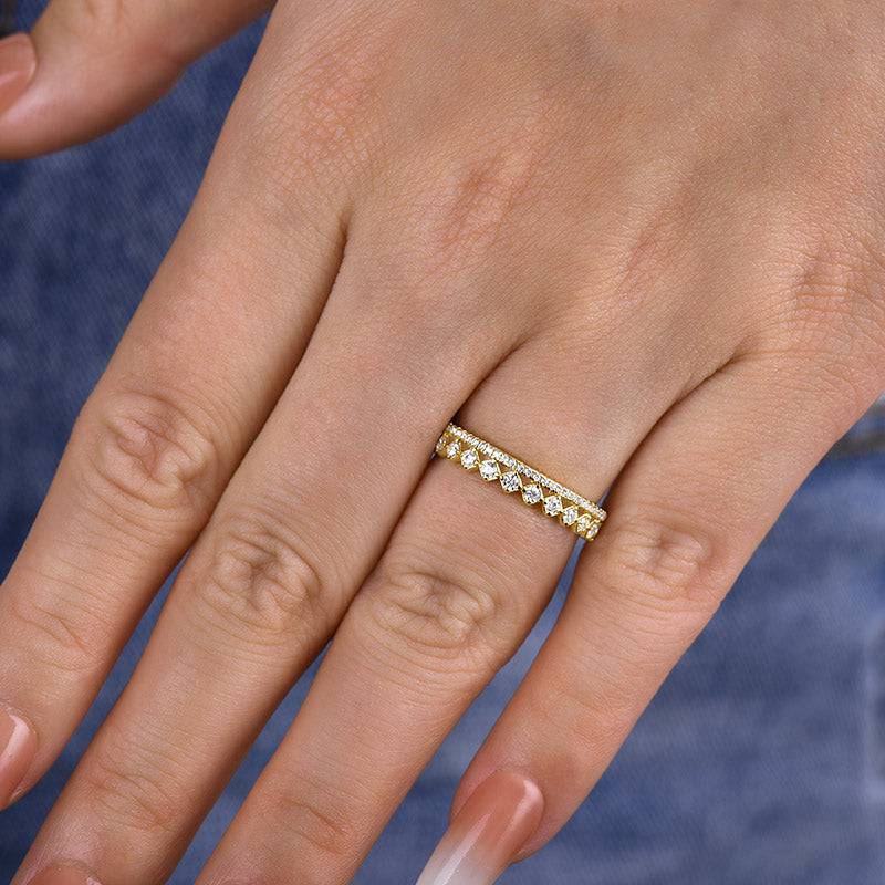 Louily Lovely Yellow Gold Two Rows Round Cut Wedding Band In Sterling Silver - louilyjewelry