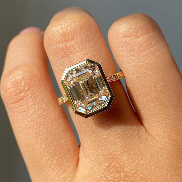 Louily Luxurious Yellow Gold Emerald Cut Bezel Engagement Ring In Sterling Silver