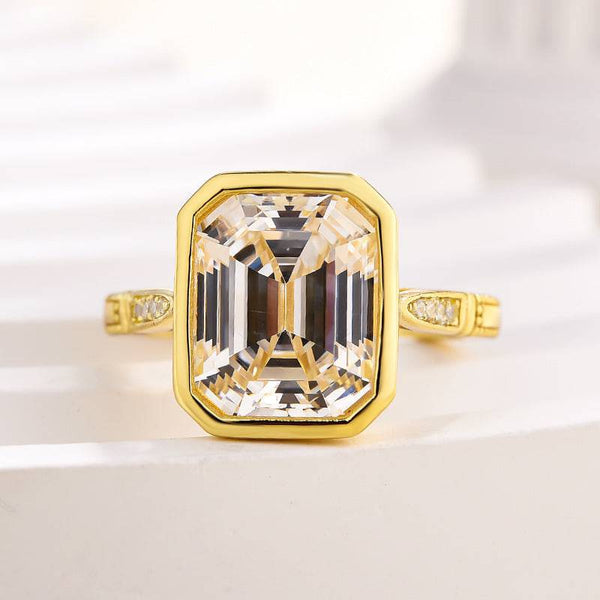 Louily Luxurious Yellow Gold Emerald Cut Bezel Engagement Ring In Sterling Silver