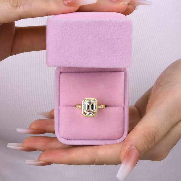 Louily Luxurious Yellow Gold Emerald Cut Bezel Engagement Ring In Sterling Silver