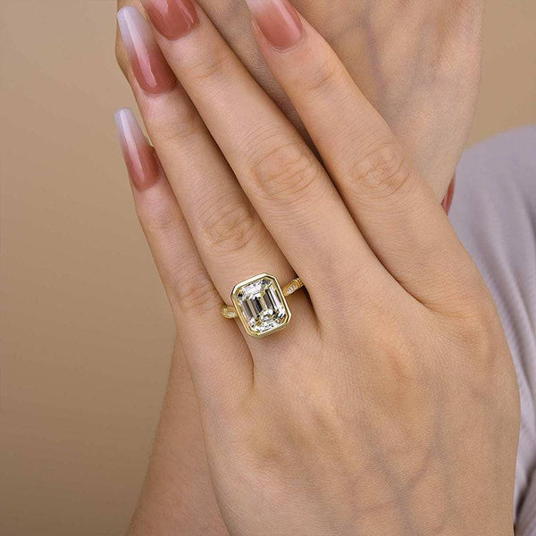 Louily Luxurious Yellow Gold Emerald Cut Bezel Engagement Ring In Sterling Silver