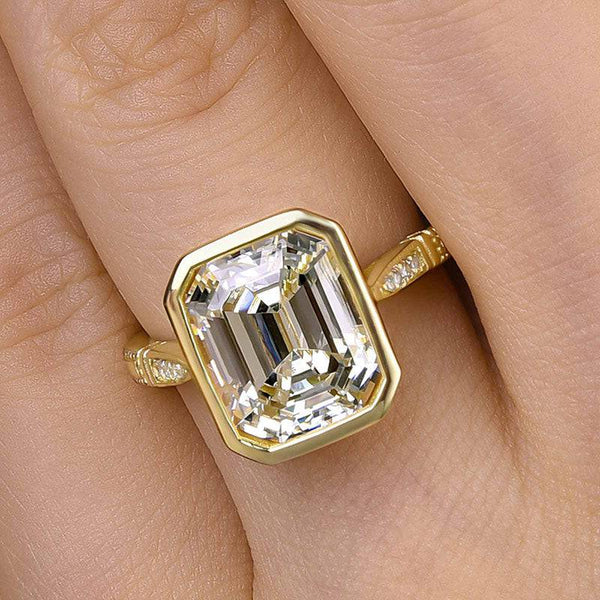 Louily Luxurious Yellow Gold Emerald Cut Bezel Engagement Ring In Sterling Silver