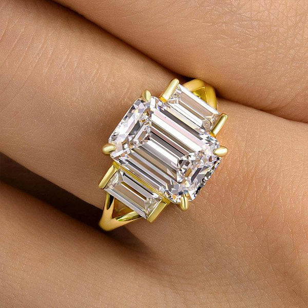 Louily Luxury Split Shank Three Stone Emerald Cut Engagement Ring