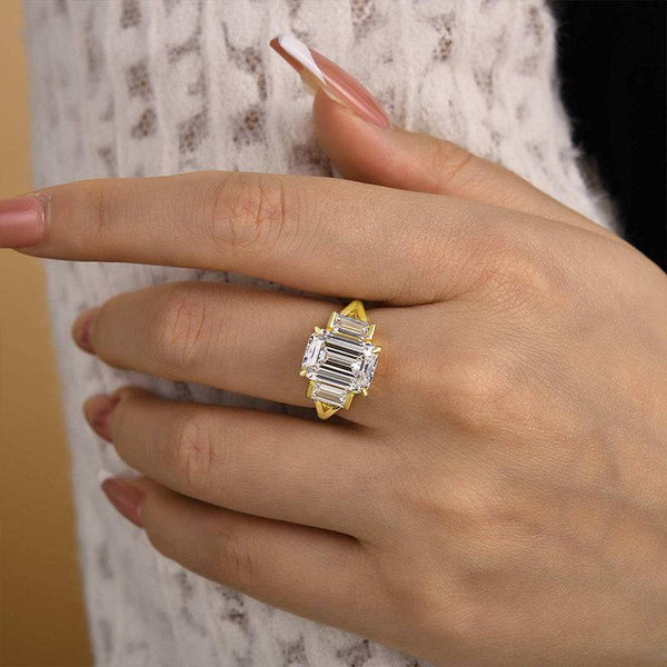 Louily Luxury Split Shank Three Stone Emerald Cut Engagement Ring