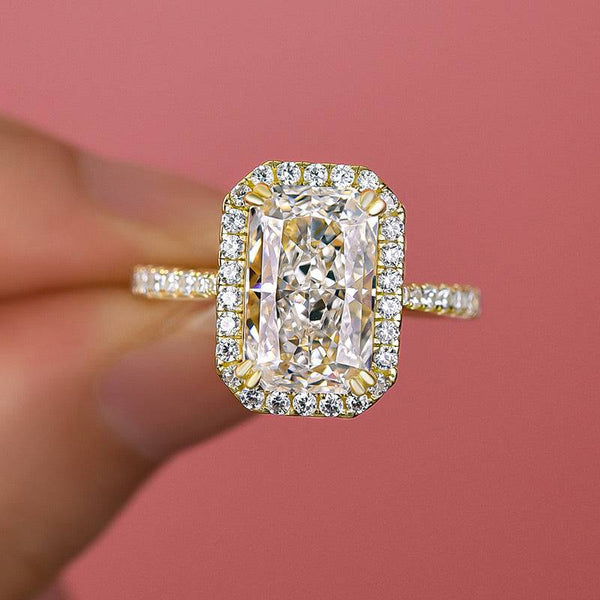 Louily Luxury Yellow Gold Halo Crushed Ice Radiant Cut Engagement Ring In Sterling Silver