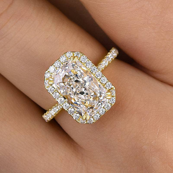 Louily Luxury Yellow Gold Halo Crushed Ice Radiant Cut Engagement Ring In Sterling Silver