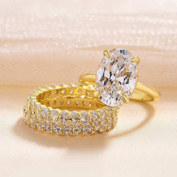 Louily Luxury Yellow Gold Oval Cut 3PC Wedding Ring Set In Sterling Silver