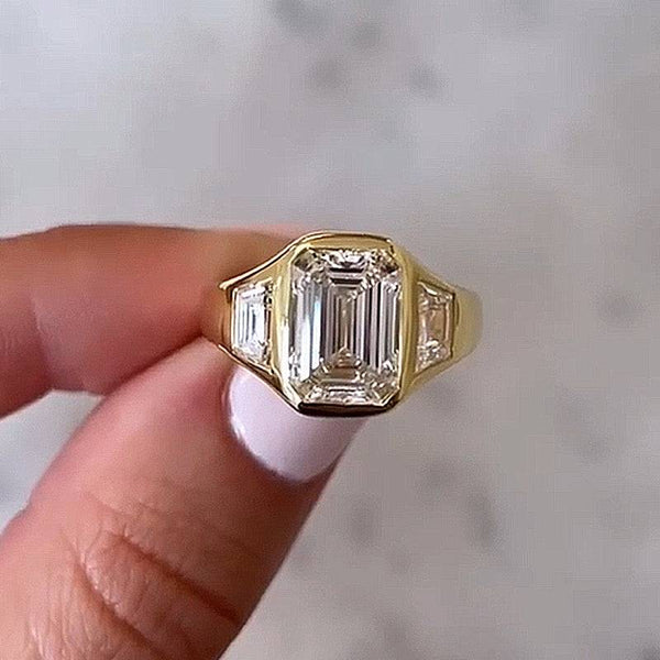 Louily Luxury Yellow Gold Three Stone Emerald Cut Bezel Engagement Ring