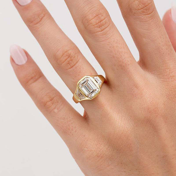 Louily Luxury Yellow Gold Three Stone Emerald Cut Bezel Engagement Ring