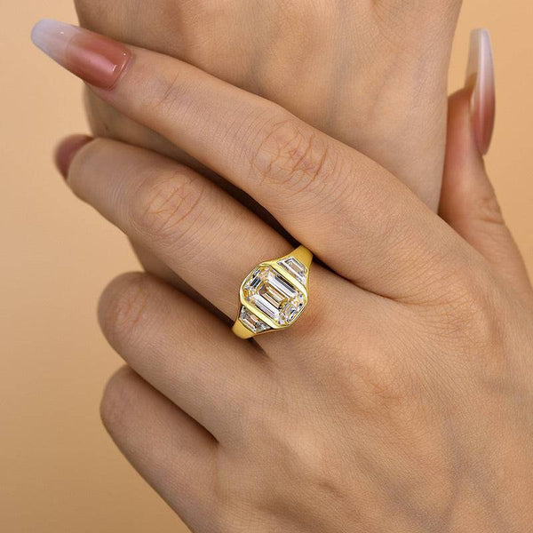 Louily Luxury Yellow Gold Three Stone Emerald Cut Bezel Engagement Ring