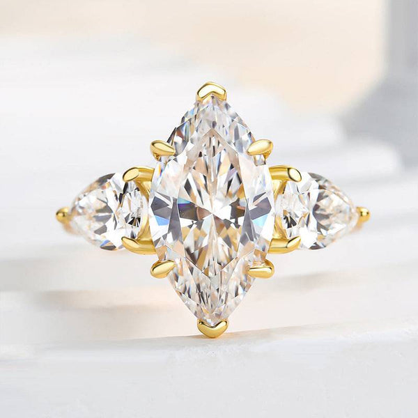 Louily Noble Yellow Gold Three Stone Marquise Cut Engagement Ring