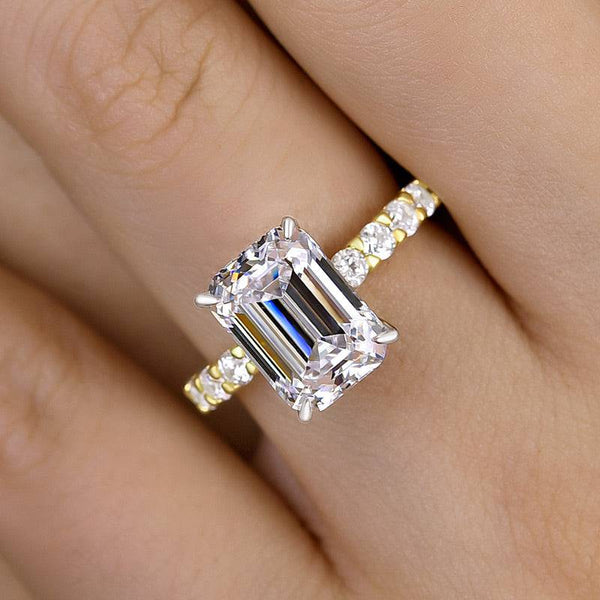 Louily Sparkle Two-tone Emerald Cut Engagement Ring In Sterling Silver