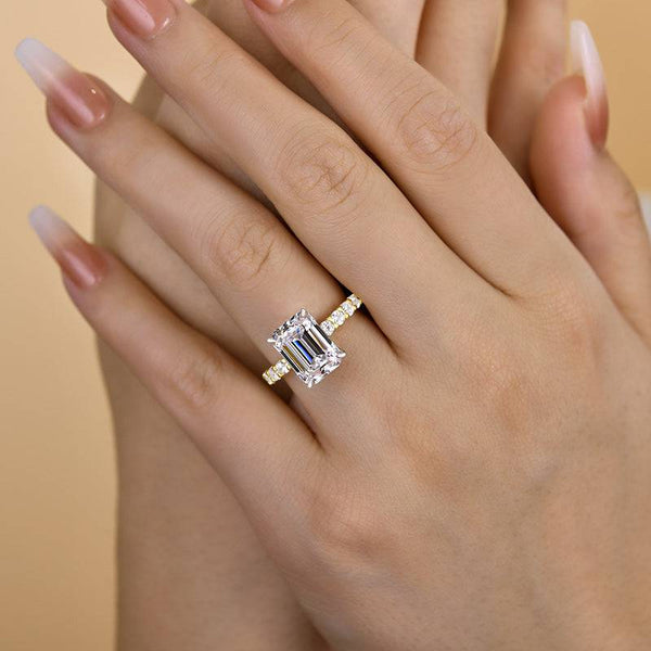 Louily Sparkle Two-tone Emerald Cut Engagement Ring In Sterling Silver