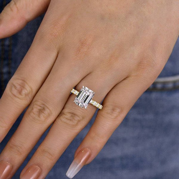 Louily Sparkle Two-tone Emerald Cut Engagement Ring In Sterling Silver