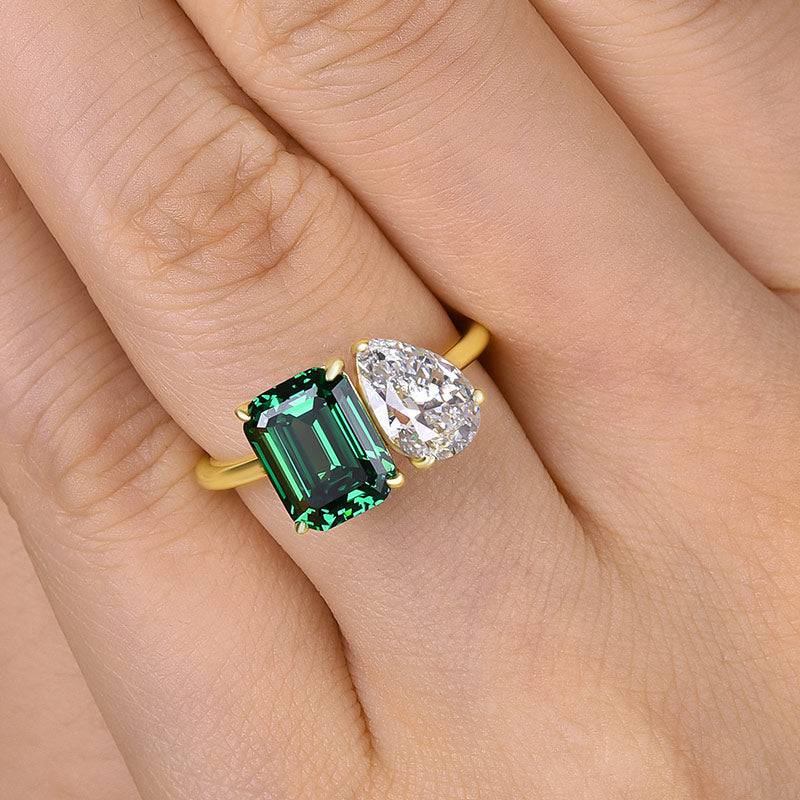 Louily Special Double Stones Design Emerald & Pear Cut Engagement Ring In Sterling Silver - louilyjewelry