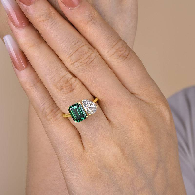 Louily Special Double Stones Design Emerald & Pear Cut Engagement Ring In Sterling Silver - louilyjewelry