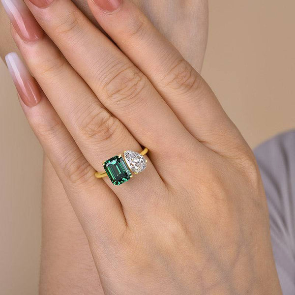 Louily Special Double Stones Design Emerald & Pear Cut Engagement Ring In Sterling Silver