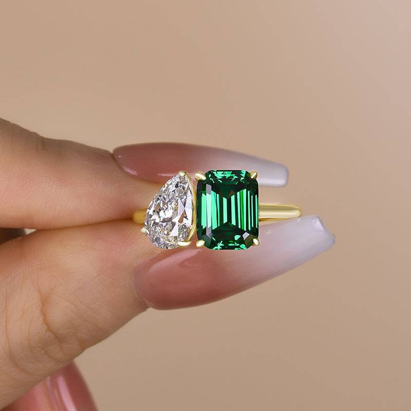 Louily Special Double Stones Design Emerald & Pear Cut Engagement Ring In Sterling Silver - louilyjewelry
