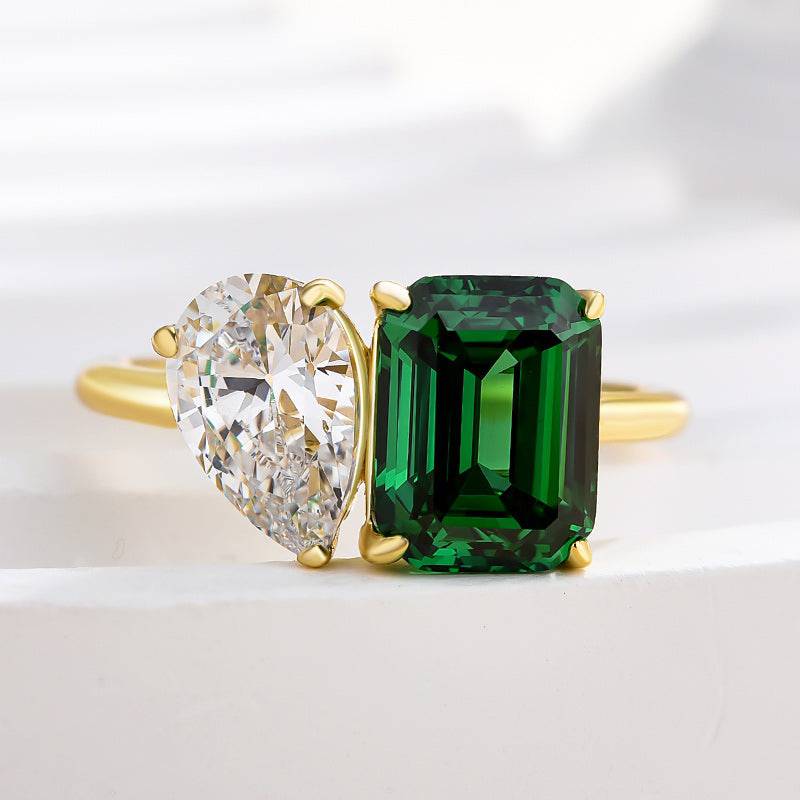 Louily Special Double Stones Design Emerald & Pear Cut Engagement Ring In Sterling Silver - louilyjewelry