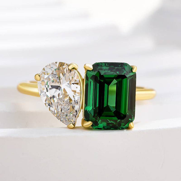 Louily Special Double Stones Design Emerald & Pear Cut Engagement Ring In Sterling Silver